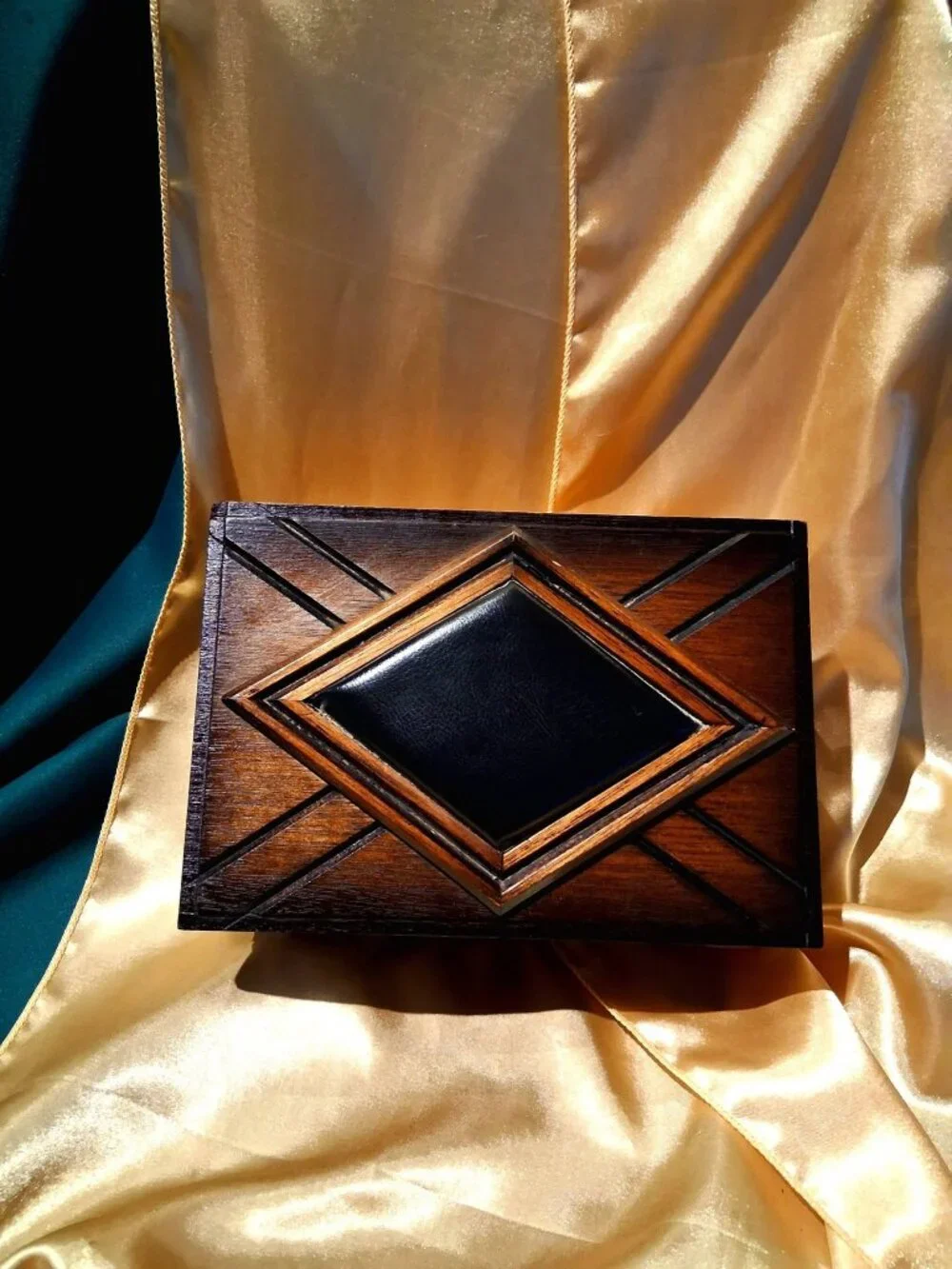 Vintage mid-century Japanese wood and faux leather jewelry box 1950s - 1970s